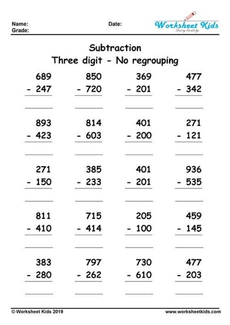 Triple Digit Subtracting No Regroup Worksheets Worksheetscity