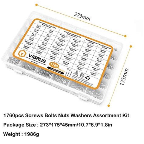 VIGRUE 1,760PCS Screws Bolts Nuts Washers Hardware Assortment Kit (28 Common Sizes SAE&Metric ...