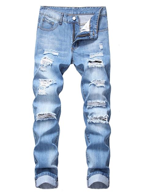 Fashion Mens Distressed Ripped Jeans Faded Stretch Slim Fit Straight