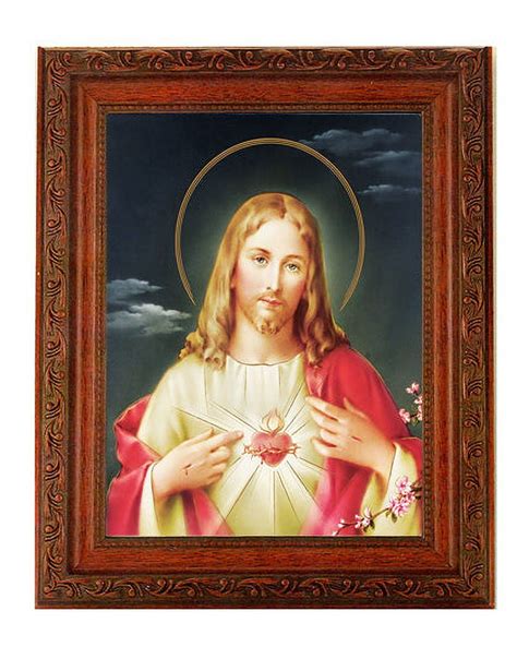 Sacred Heart Of Jesus Picture Framed Wall Art Decor Large Antiqued Dark Mahogany Finish Frame