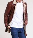 Mens Brown Leather Mid Length Faux Shearling Coat USA Jacket