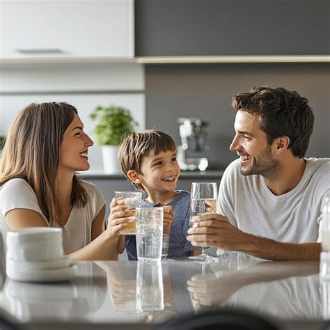 Familia Feliz Bebiendo Agua En La Cocina En Casa Madre Padre E Hijo