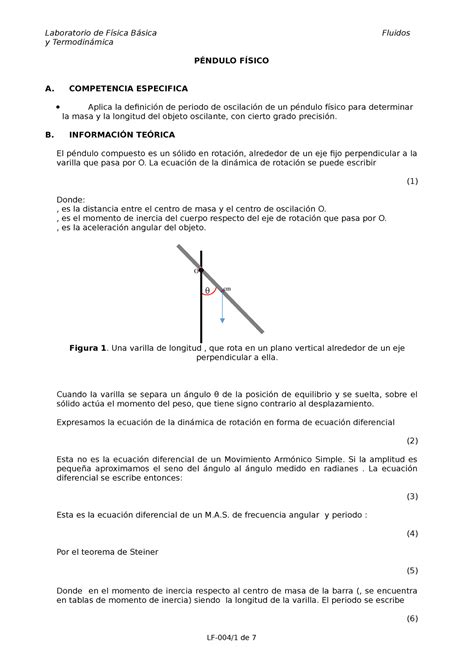 Practica De Pendulo Fisico Laboratorio De F Sica B Sica Fluidos Y