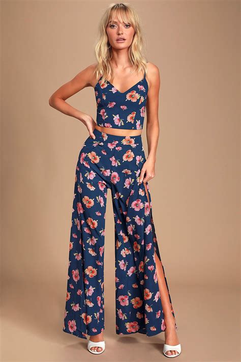 Alishia Navy Blue Floral Print Two Piece Jumpsuit Floral Print Jumpsuit Two Piece Jumpsuit