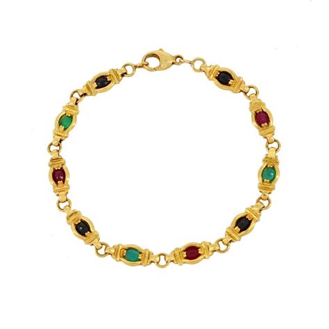 Bracelet Articul Souple En Or Jaune Saphir Rubis Emeraude