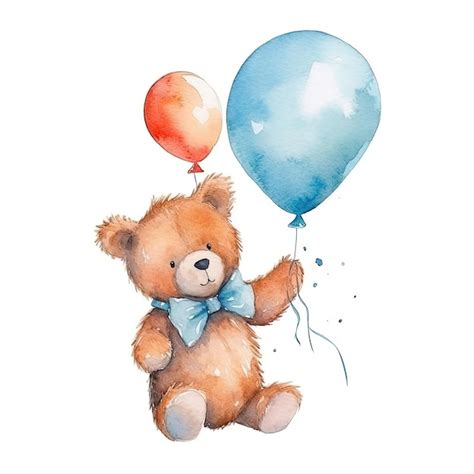 Premium Ai Image Watercolor Teddy Bear With Balloons Illustration Ai