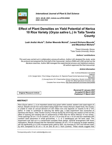 PDF Effect Of Plant Densities On Yield Potential Of Nerica 10 Rice