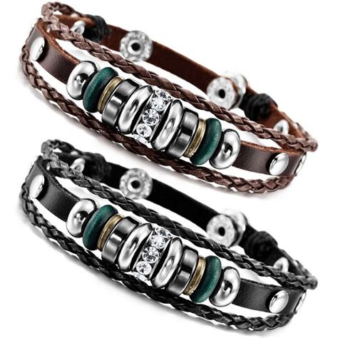 Mowom Brown Black Alloy Genuine Leather Bracelet Bangle Cz Adjustable