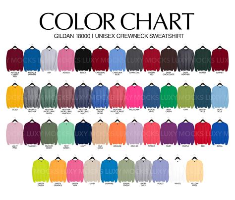 Gildan 18000 G180 Color Chart Jpeg Png 4 Files G180 Etsy Australia