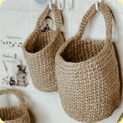 Jute Crochet Hanging Baskets L Inches Wall Etsy Crochet