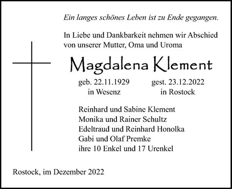 Traueranzeigen Von Magdalena Klement Trauer Anzeigen De