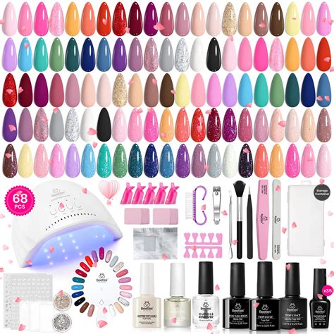 Beetles Gel Nail Polish Kit With U V Light 68 Pcs Set 35 Colours Pink Glitter Nude Gray Gel