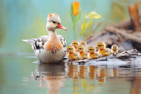 Mother Duck Watching Over Swimming Ducklings Stock Image Image Of