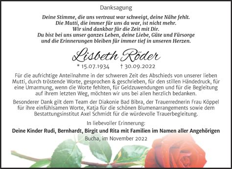 Traueranzeigen von Lisbeth Röder abschied nehmen de