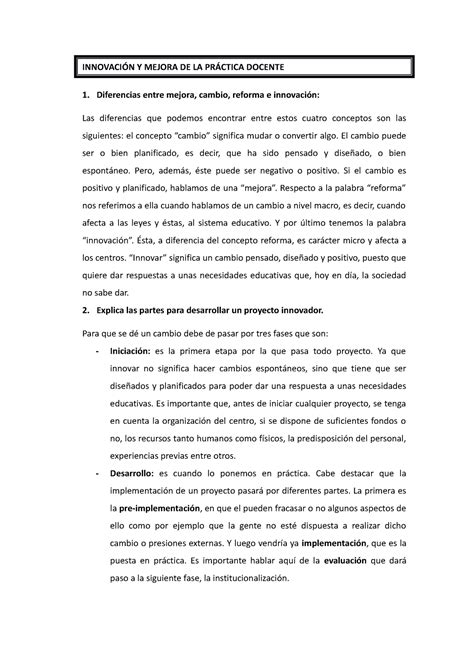 InnovacióN Y Mejora DE LA PRÁ Ctica Docente INNOVACIÓN Y MEJORA DE LA