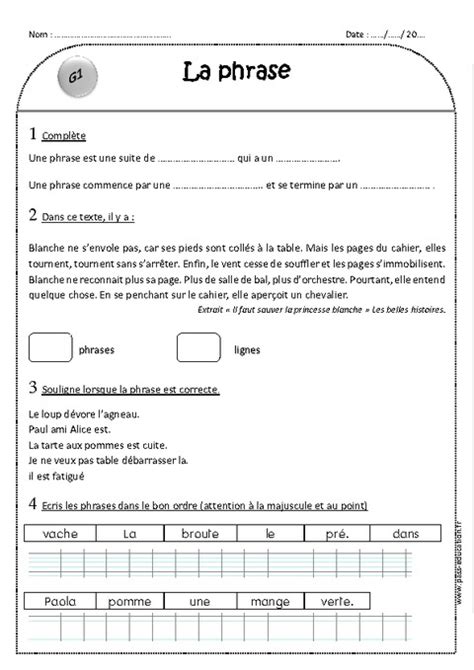 Phrase Ce1 Exercices à imprimer Pass Education