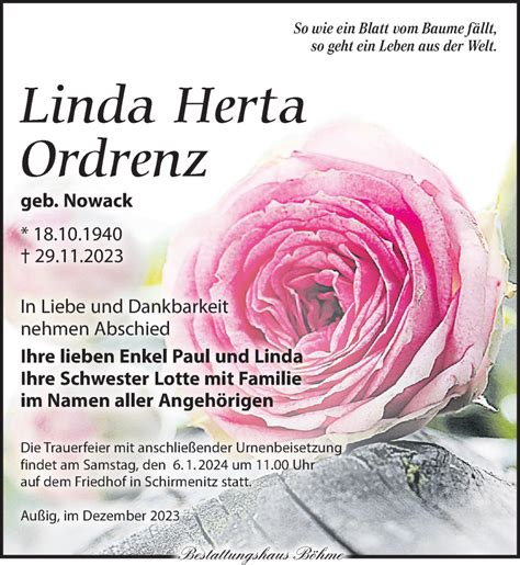 Traueranzeigen Von Linda Herta Ordrenz Trauer Anzeigen De