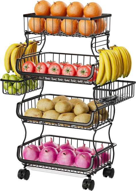 4 Tier Rolling Cart Stackable Fruit Vegetable Basket With Wheels And 2