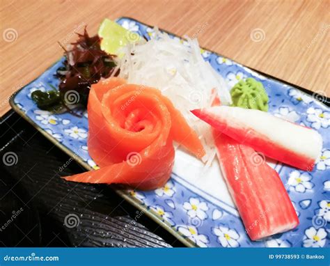 Salmon And Crab Stick Imitation Crab Meat Sashimi Japanese Di Stock Image Image Of Food