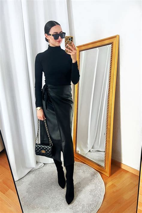 Tight Black Turtleneck And Black Leather Wrap Skirt Outfit Faux