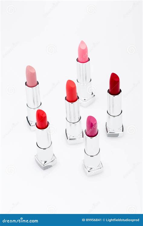 Collection Of Six Glamorous Lipsticks Of Different Colors Stock Image