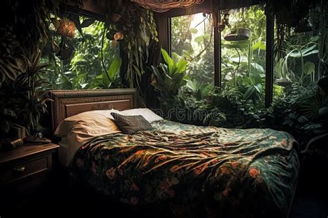 Bedroom Interior with Fantastic Plants and Jungle Inside. Travel Dreams Stock Illustration ...