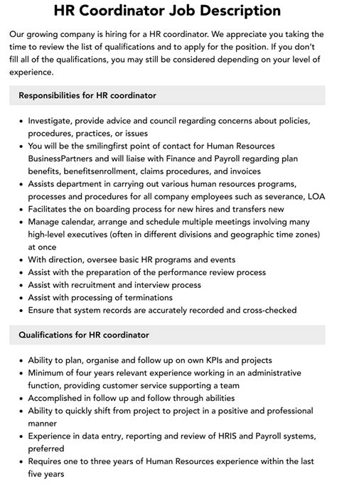 Hr Coordinator Job Description Velvet Jobs