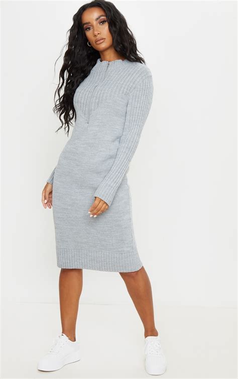 Grey Zip Front Knitted Jumper Dress Prettylittlething