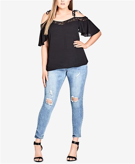 City Chic Trendy Plus Size Lace Trim Cold Shoulder Top Macys