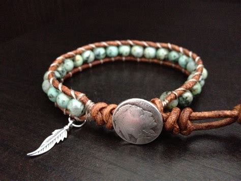 Turquoise Leather Wrap Bracelet With Sterling Silver Feather Etsy