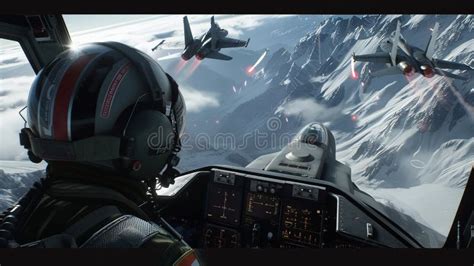 Fighter Jet Pilot in Cockpit Flying Over Snowy Mountains. a Thrilling ...