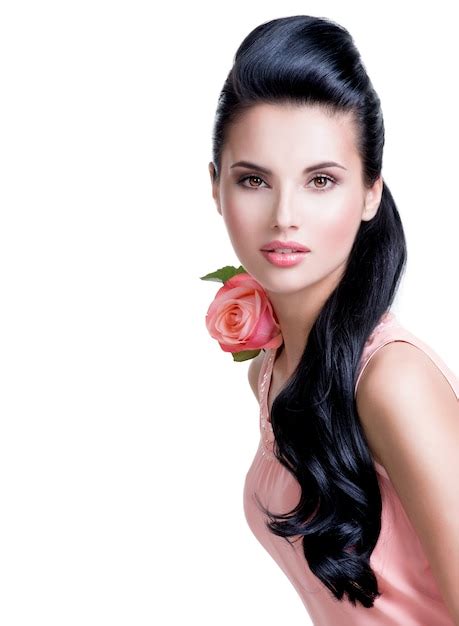 Free Photo Portrait Of Sensual Beautiful Woman With Pink Rose On