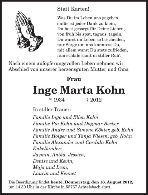 Traueranzeigen Von Inge Marta Kohn Saarbruecker Zeitung Trauer De