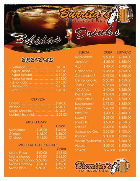 Menu at Burrita s Mariscos Bar Pabellón de Arteaga