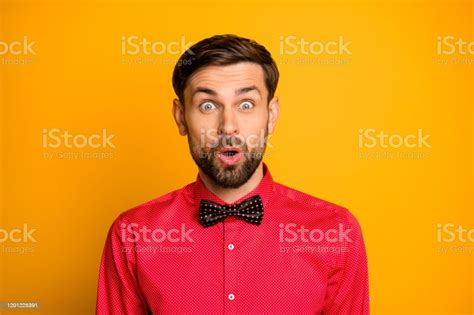 Photo Of Funny Macho Guy Good Mood Enjoy Unexpected Surprise Open Mouth