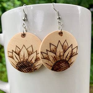 Sunflower Earrings Wood Burned Earrings Gifts For Her Round Wood