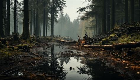 Tranquil scene foggy forest autumn leaves reflecting on peaceful pond ...