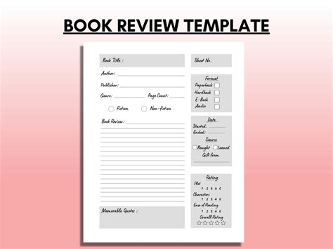 Book Review Template Book Report Template Reading Diary Bookish Template Book Review Format