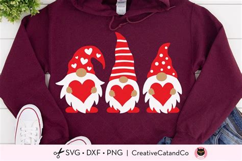 Three Valentine Gnomes Holding Hearts Svg Dxf Png Cut Files