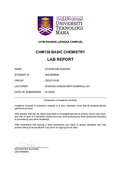 CHM138 LAB Report 1 3 And 5 UiTM PAHANG JENGKA CAMPUS CHM138 BASIC