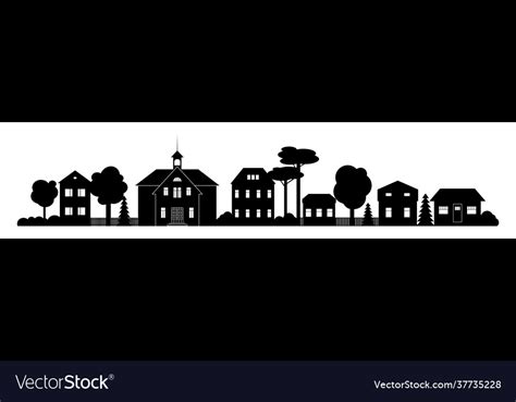 Small Town Silhouette Skyline Horizontal Banner Vector Image