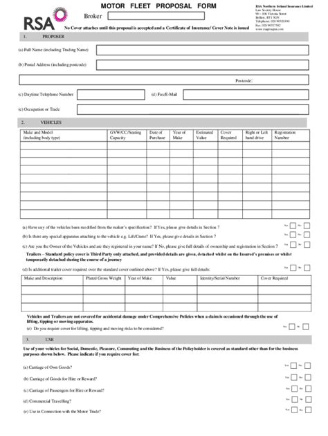 Fillable Online Light Commercial Vehicle Proposal Form RSA Northern