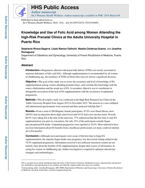 Pdf Knowledge And Use Of Folic Acid Among Women Attending The High