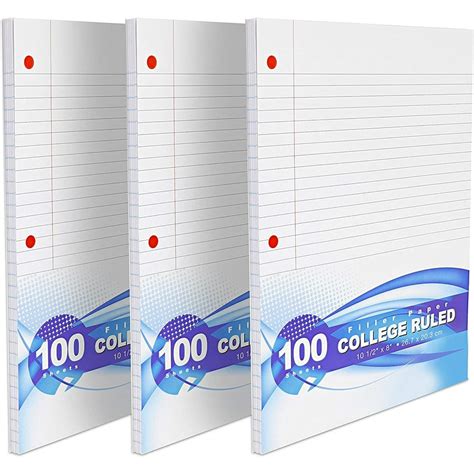 College Ruled 3 Hole Punched Filler Paper 100 Sheets Per Pack Lined