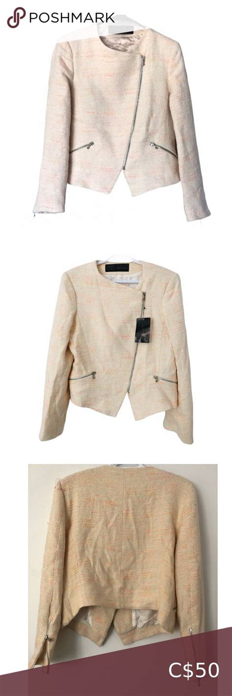 Zara Cream Cropped Bouclé Blazer Asymmetrical Zip Asymmetrical Zip