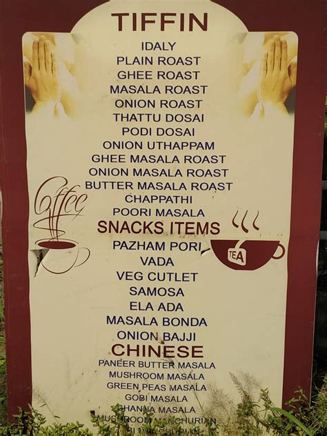 Menu at Saravana Bhavan, Kochi, Kadathukulam Buildings