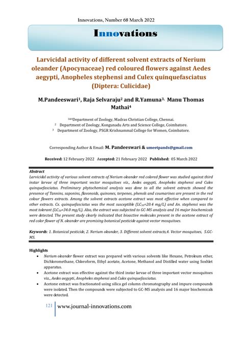 Pdf Larvicidal Activity Of Different Solvent Extracts Of Nerium