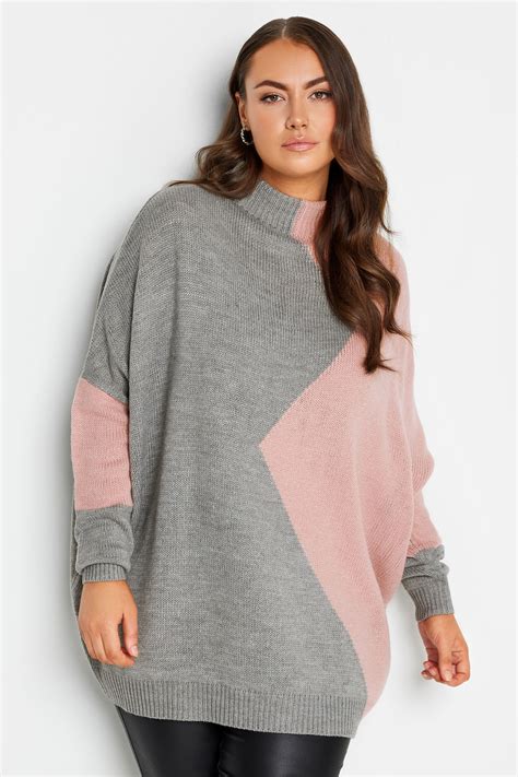 YOURS Plus Size Grey Pink Colourblock Knitted Jumper Yours Clothing