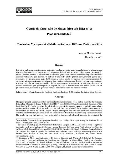 Pdf Gestão Do Currículo De Matemática Sob Diferentes Profissionalidades Dario Fiorentini