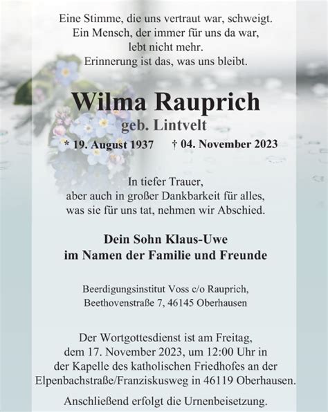 Traueranzeigen Von Wilma Rauprich Trauer In NRW De